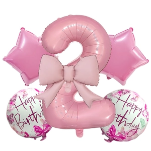 Detailed pink birthday balloon set featuring number 2, bow tie and butterfly star prints