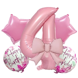 Pink number 4 balloon set with butterfly bow and happy birthday foil decorations