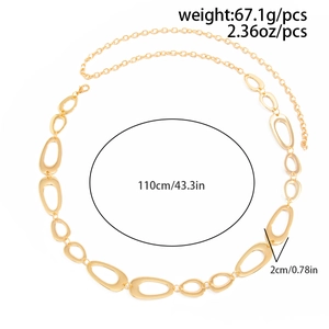 Detail of gold geometric hollow linked body chain with adjustable lobster clasp closure