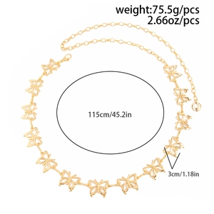 Detail of gold hollow butterfly waist chain with 115cm length and polished metal finish