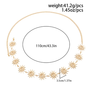 Detailed view of golden sun motif chain belt with weight and length measurements
