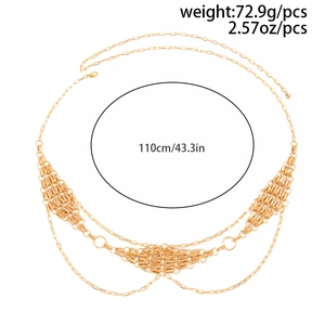 Detail view of gold waist chain showing 110cm length and 72.9g weight specifications