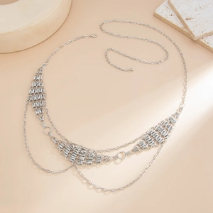 Silver multi-layer waist chain body jewelry with woven rhombus metal mesh and fringe