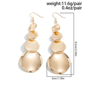 Detail of tiered brushed gold disk earrings with size measurements and 8.5cm length