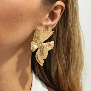 Statement gold irregular petal tassel earrings with a brushed metallic texture and organic shape