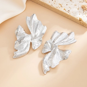 Silver 3D ginkgo leaf flower stud earrings with textured metallic petals for women