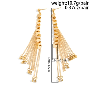 Detail of gold layered tassel earrings showing 12cm length and 10.7g weight specifications