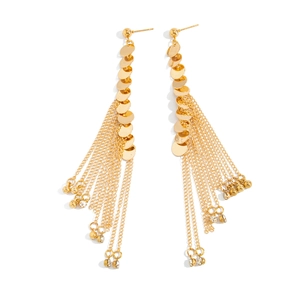 Exaggerated irregular golden tassel earrings with round metal sequins and crystal drops