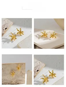 Detailed views of 18K gold plated copper earrings with minimalist abstract flower design