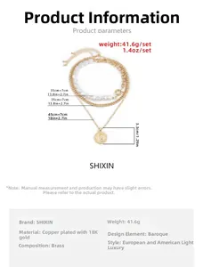 Detailed size chart for tiered 18K gold-plated necklace with Baroque pearls and coin pendant