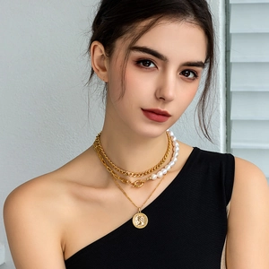 Layered 18K gold plated necklace with baroque pearls and vintage portrait coin pendant