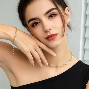 French Vintage Artificial Pearl Necklace Bracelet 18K Gold Plated Brass Scalloped Wave Bamboo Chain Elegant Layered Jewelry Women
