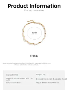 Detail of 18K gold plated brass bamboo link necklace with white pearls and size chart