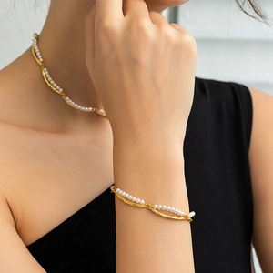 Double-layered 18K gold plated bamboo link necklace and pearl bracelet jewelry set