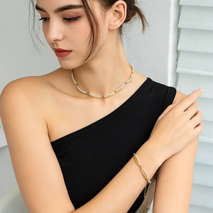 French vintage 18K gold plated bamboo link necklace and bracelet set with pearls