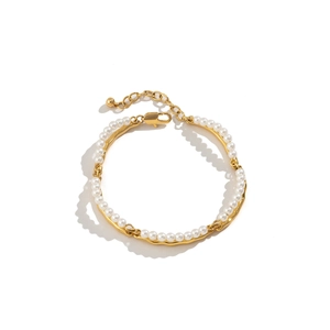 French retro 18K gold plated bamboo link bracelet with elegant white pearls for women