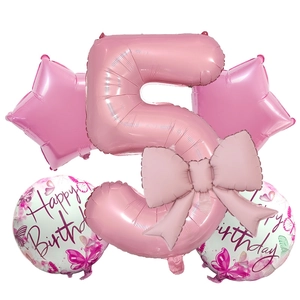 Pink number 5 foil balloon set with large bow and Happy Birthday butterfly patterns