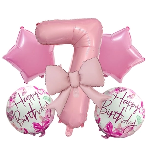 5pcs pink number 7 foil balloon set with bow and star designs for birthday parties