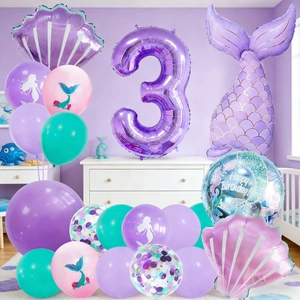 Kit de ballons anniversaire sirène violet mat avec chiffre 3 et design queue de poisson