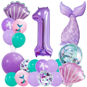 Kit ballons sirène 1er anniversaire avec chiffre 1 violet et ballons en latex pailletés