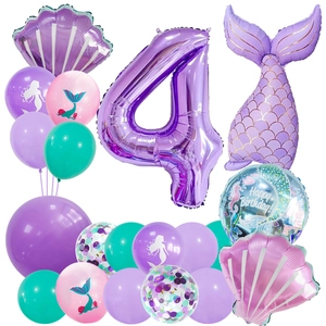 Kit ballons anniversaire 4 ans thème sirène avec chiffre 4 violet et queue brillante