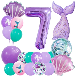 Détail du kit ballons sirène avec chiffre 7 violet et ballons en aluminium en forme de coquille