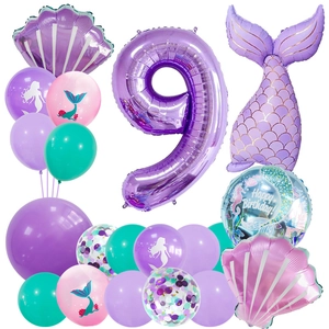 Détail du kit ballons d'anniversaire sirène incluant le chiffre 9 violet et ballons coquillages