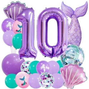 Kit ballons 10 ans thème sirène avec chiffre 10, queue et coquillages en aluminium