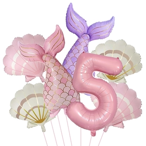 Kit de ballons sirène mats avec coquillage, queue de poisson et chiffre 5 rose géant