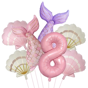 Lot détaillé de 7 ballons sirène en aluminium avec numéro 8 rose, queues et coquillages