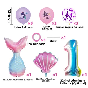 Détail du kit de ballons sirène avec queue géante coquillage et chiffre un rose