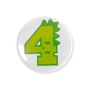Detailed view of glossy tinplate dinosaur number 4 badge for kids birthday party favor