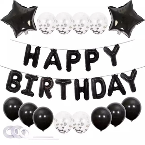Black Happy Birthday balloon set with foil letters, stars and black confetti latex balloons