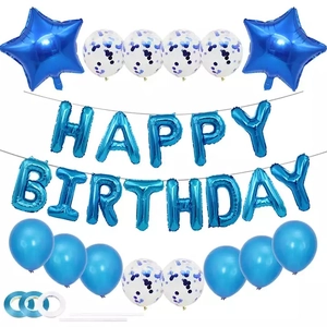 Blue and white Happy Birthday foil balloon set with stars and blue confetti balloons