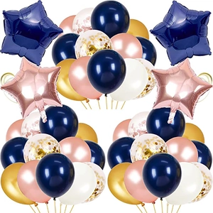 Kit de 65 ballons or rose et bleu marine avec étoiles pour décoration d'anniversaire