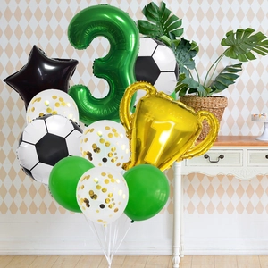 Set de globos de fútbol para fiesta de 3er cumpleaños con trofeo y número 3 verde grande