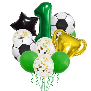 Set de globos de fútbol con trofeo dorado, número 1 verde y globos de fútbol foil