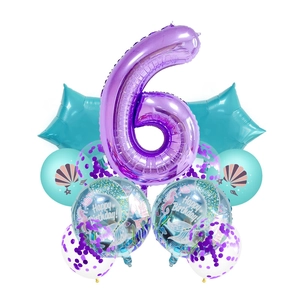Detail of 6th birthday mermaid party balloon set with purple number 6 and starfish shapes