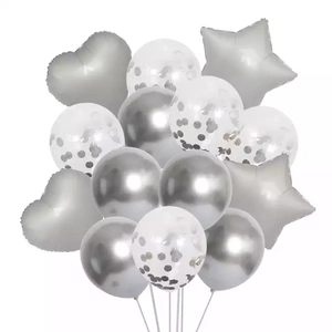 Silver party balloon set with heart, star, and confetti balloons for birthday decoration