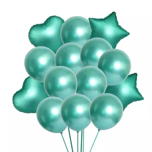 Close-up of metallic teal balloon bouquet with star, heart, and latex shapes on stands