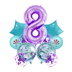 Detail of mermaid theme 40-inch purple number 8 balloon set with shiny sequin latex balloons