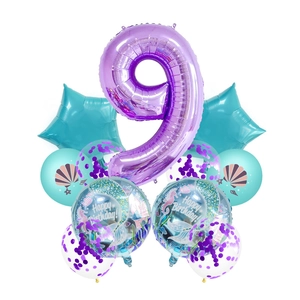 Mermaid theme 9th birthday balloon set with 40-inch purple number 9 and starfish foil decors