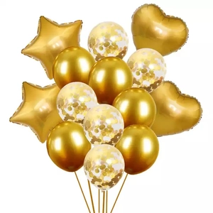 Golden balloon bouquet set with star and heart foil shapes and confetti balloons