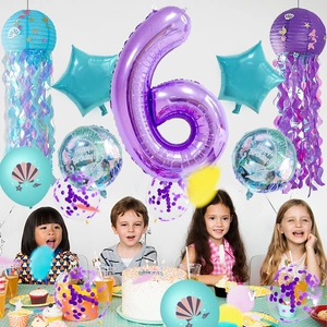 Mermaid themed 6th birthday decoration set with purple number balloon and jellyfish