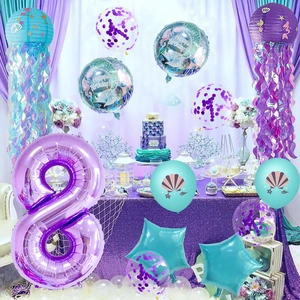 Mermaid theme 8th birthday party decoration set with purple number balloon and jellyfish lanterns