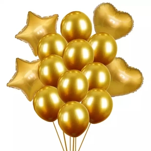 Detail view of 13-piece gold foil balloon set with star and heart shapes for party decor