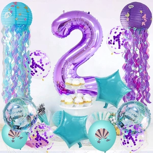 Mermaid birthday party set with giant purple number 2 balloon and jellyfish lanterns