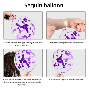 Guide showing how to inflate and rub purple sequin balloons to create static effect