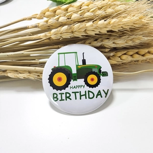 Cartoon tractor birthday badge for party with tinplate finish and harvest wheat decor