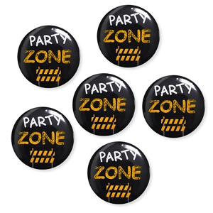 Set di sei spille rotonde nere Party Zone con strisce gialle per feste di compleanno